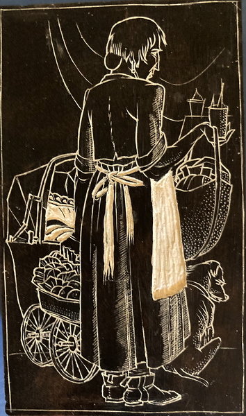 Artist James Woodford: Woman carrying baskets and pot plants, accompanied by a dog and a pram, circa 1925
